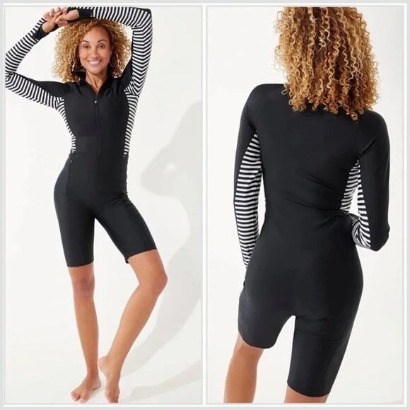 COOLIBAR Alana Knee-Length Swimsuit UPF 50+ Black & White Stripe Colorblock XL - Picture 1 of 11